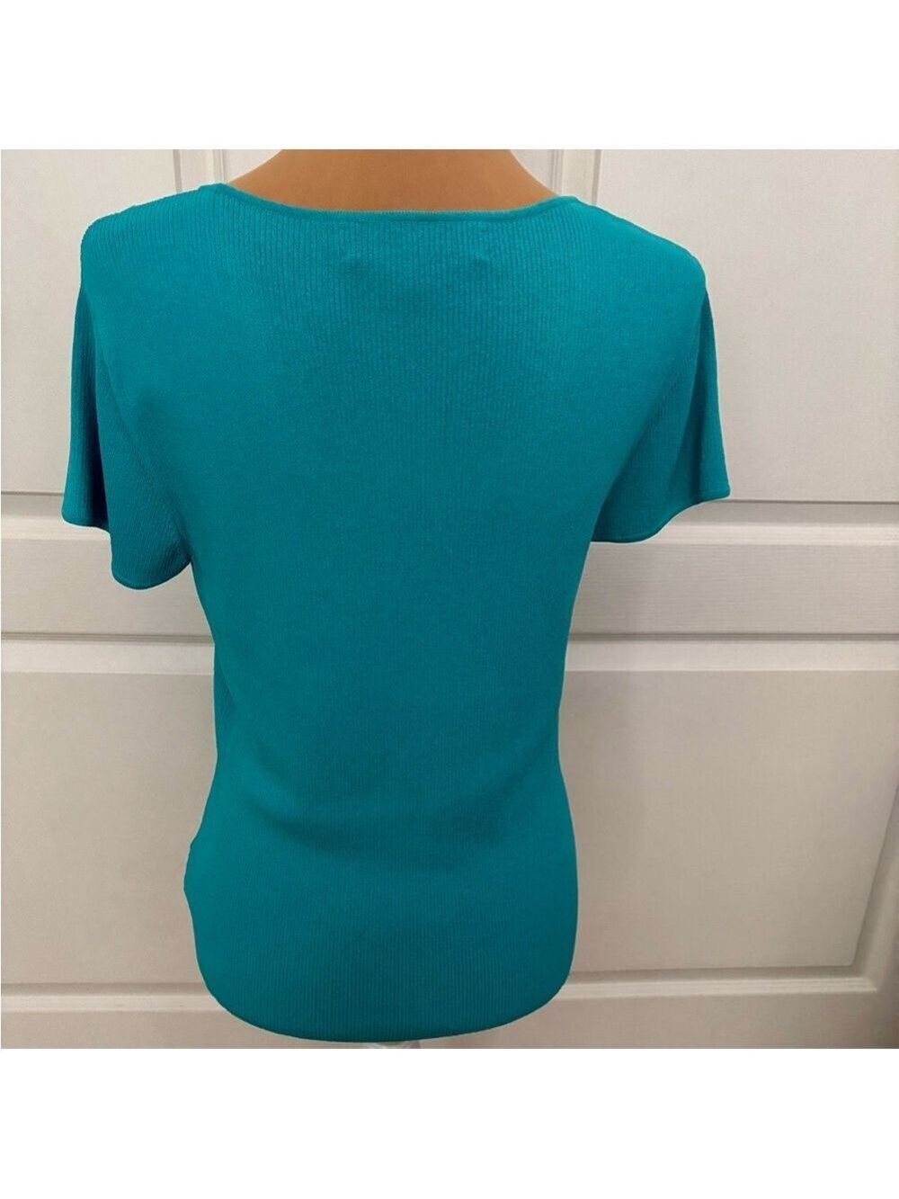 Kasper Turquoise Ribbed Knit Top | Wide Square Neck | Size Large - Picture 6 of 10
